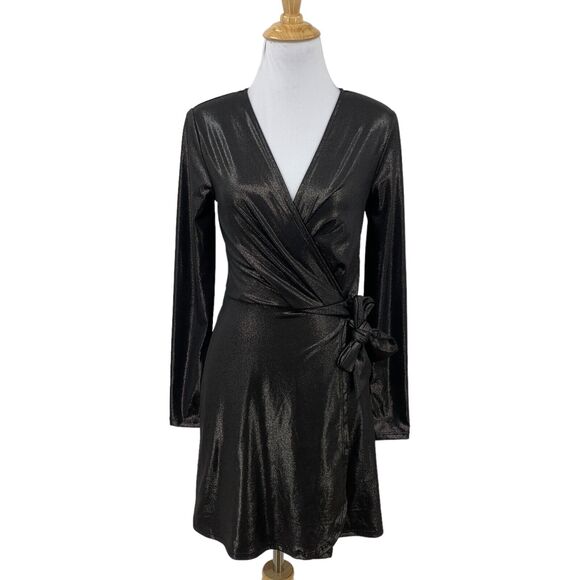 BCBGeneration Faux Wrap Dress Womens XXS 2XS Metallic Tie Waist Long Sleeve - Picture 1 of 16